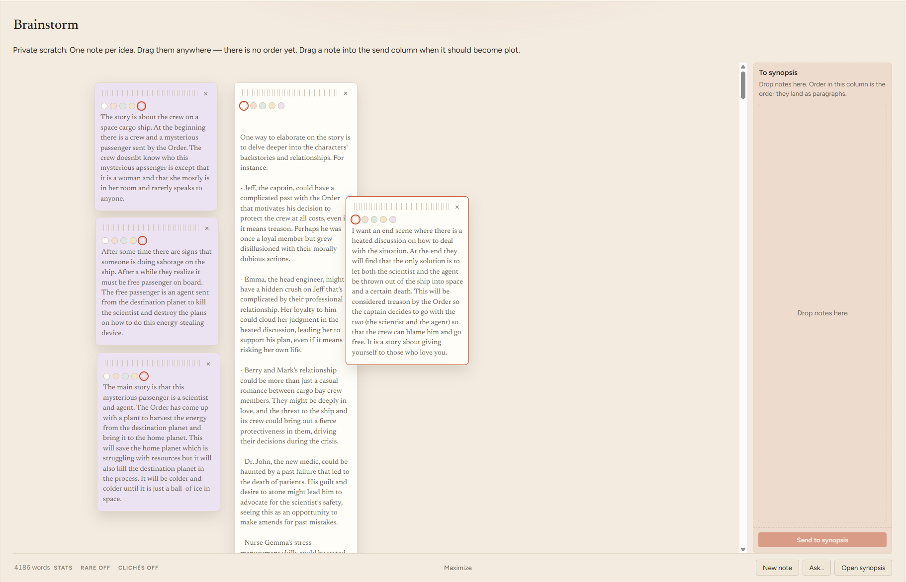 StoryBook AI brainstorm board with draggable notes