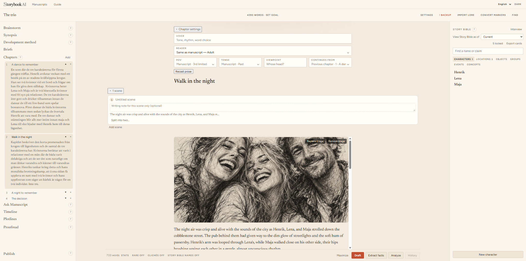 StoryBook AI chapter settings with voice, reader, POV, tense, viewpoint and scene structure