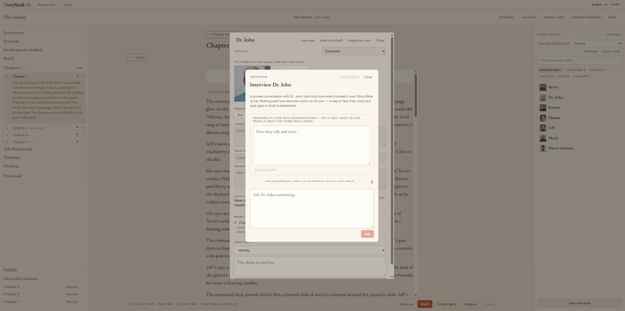 StoryBook AI character interview for exploring a character from locked Story Bible facts