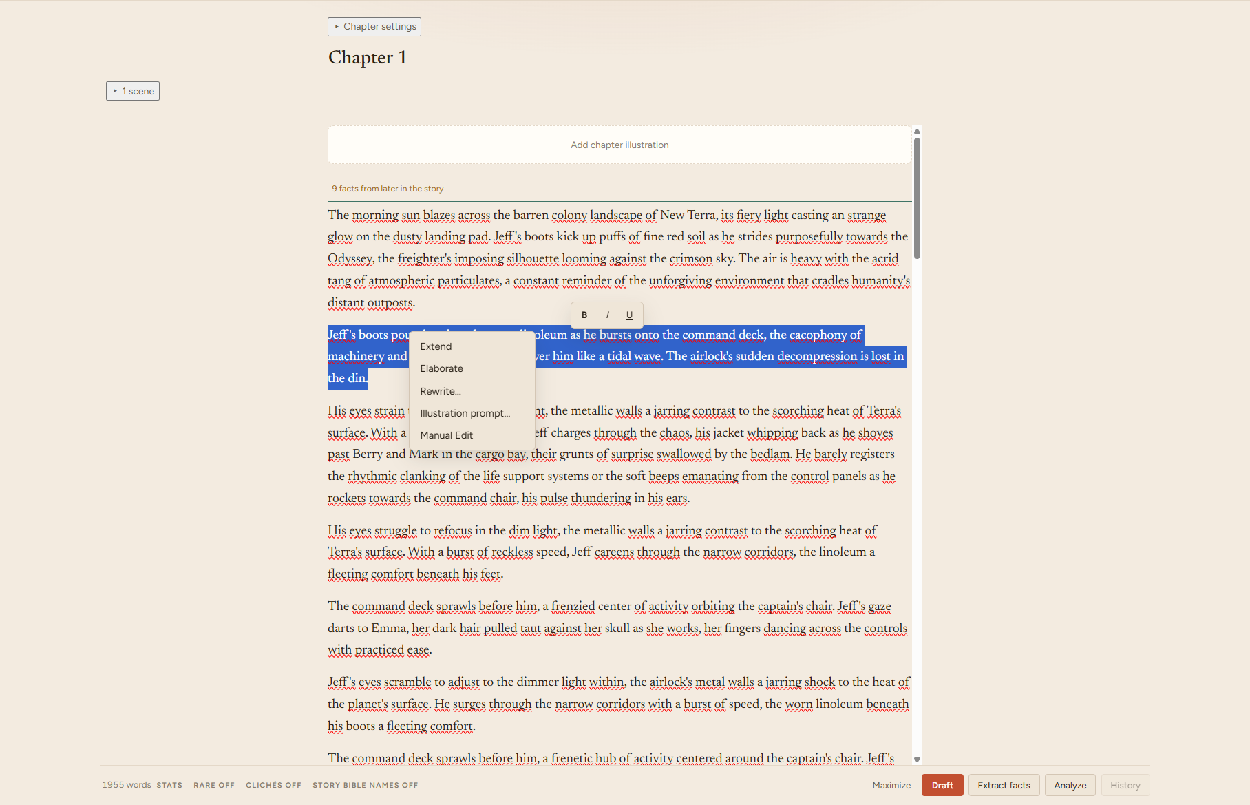 StoryBook AI editor with selected prose and AI editing tools